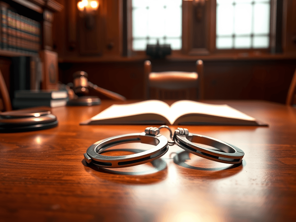 court room and hand cuffs