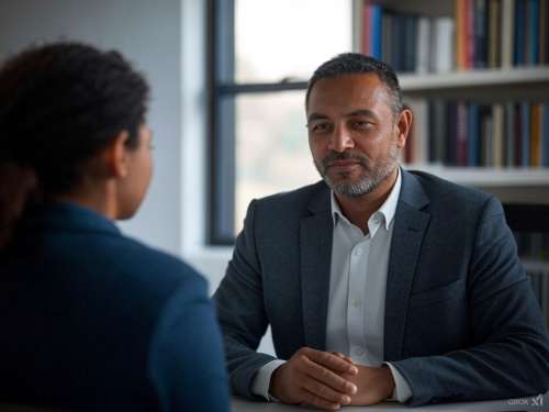 A criminal defense lawyer and his client sit across a desk discussing mental health